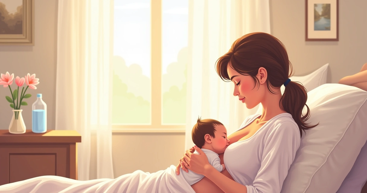 Mãe amamentando recém-nascido ao lado da cama 