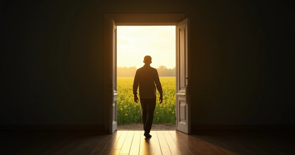 Persona cruzando una puerta hacia un entorno luminoso y abierto 