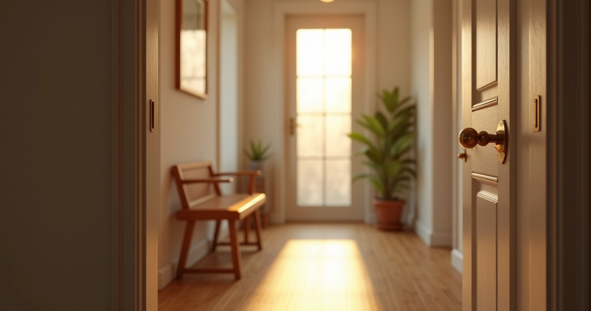 Puerta de casa cerrada con luz cálida y ambiente sereno