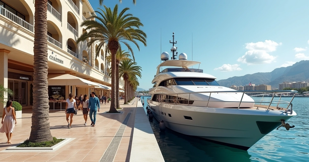 Iate ancorado em Puerto Banús com lojas ao fundo 