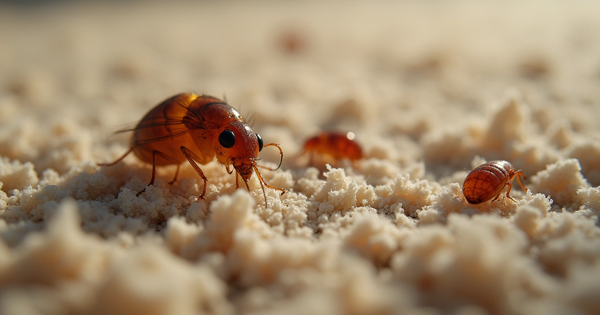 Pulgas e ovos em tapete visto de perto 