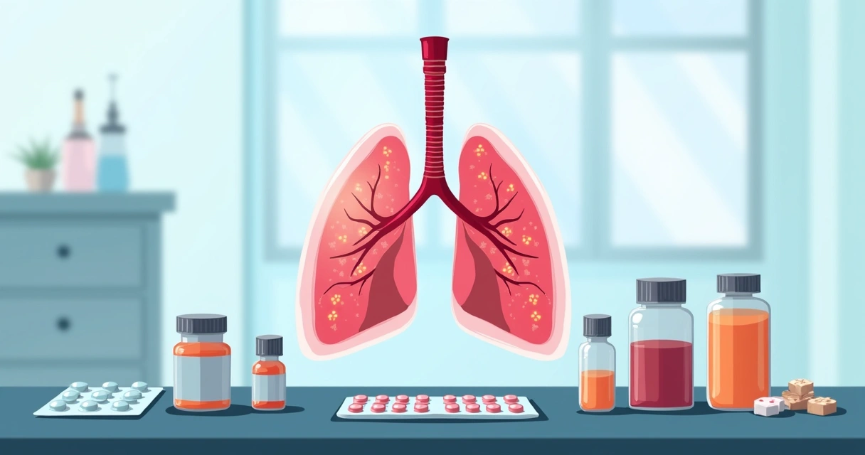 Tratamento da pneumonia por anaeróbios na aspiração e metronidazol 2 Ilustração mostrando pulmão humano com foco em áreas de infecção e frascos de antibióticos sobre mesa