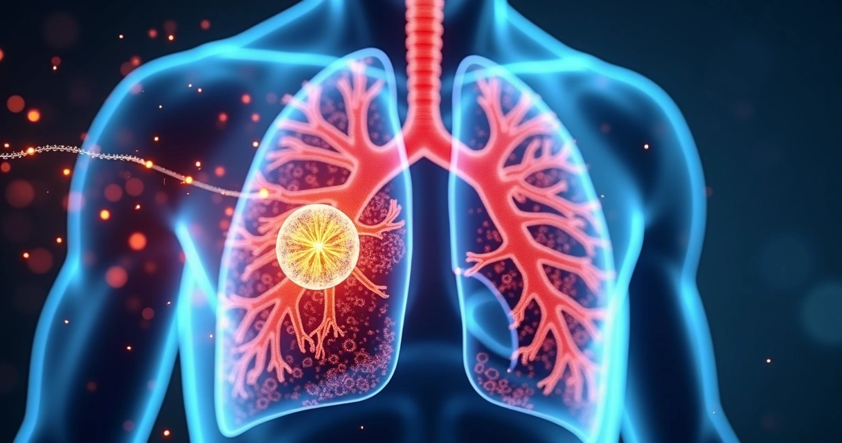 Detalhe de pulmão com representação de tratamento molecular por medicamento 