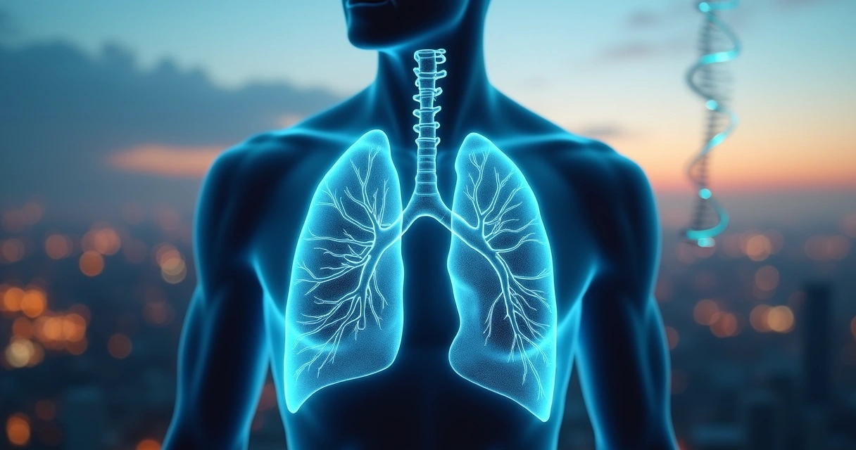 Raio X de pulmões sadios e poluídos sobrepostos a skyline urbano 