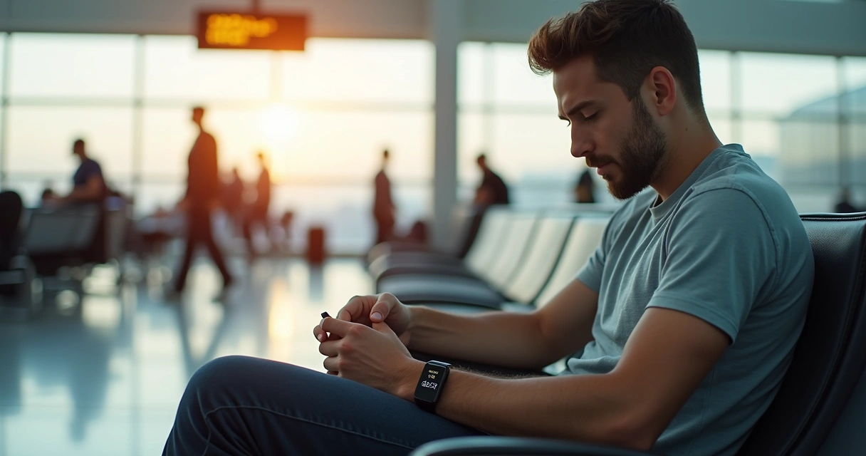 Pulseira inteligente monitorando saúde no aeroporto 