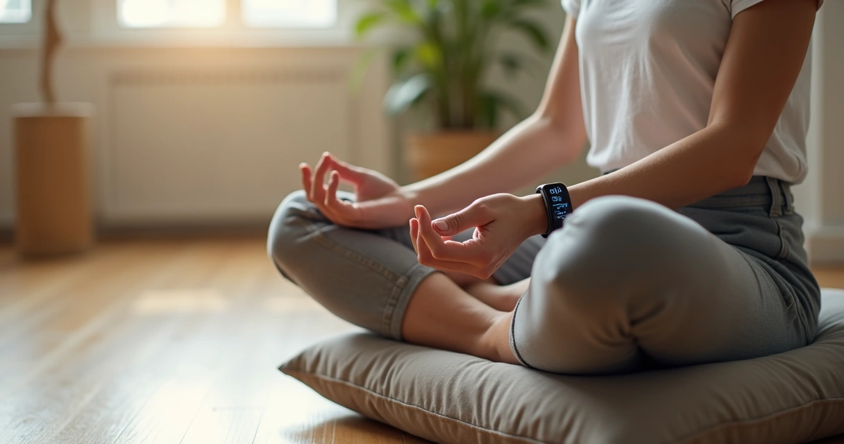 Pulseira inteligente no pulso durante meditação sentada