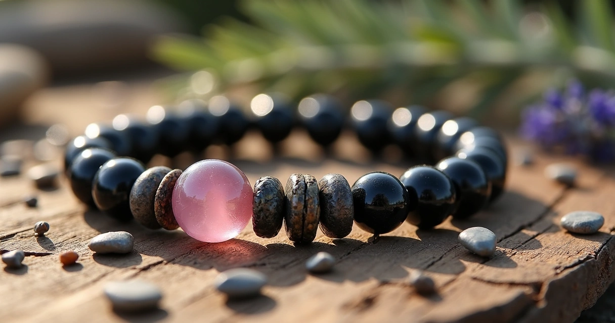 Pulseira feita à mão com pedras, sementes e folhas secas 