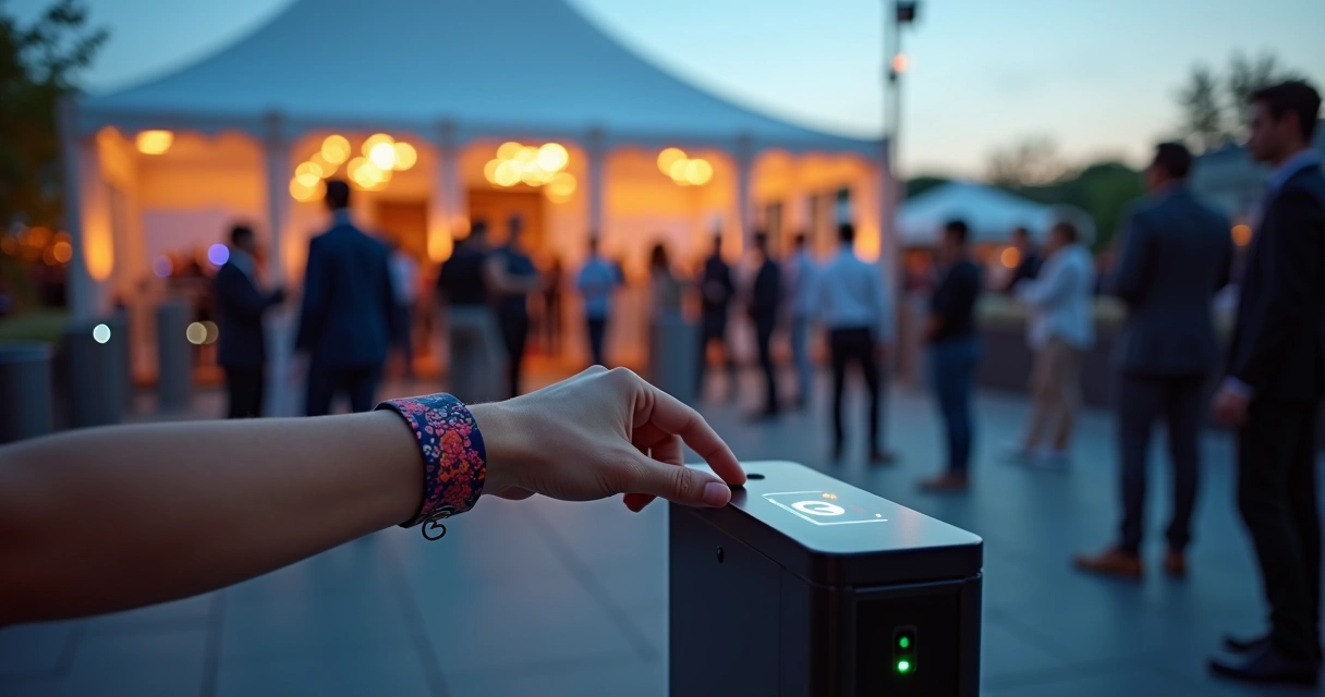 Pulseira RFID sendo aproximada de totem de controle de acesso em evento corporativo 