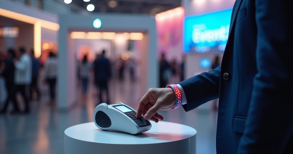 Pulseira RFID sendo aproximada de leitor em evento corporativo 