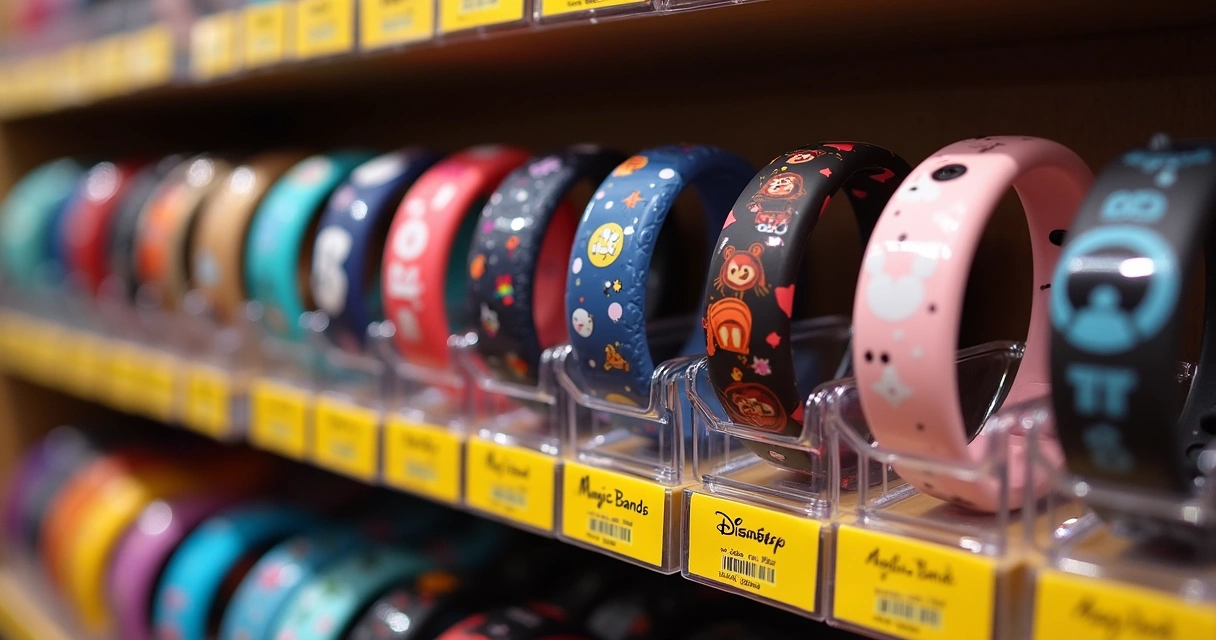 Várias pulseiras da Disney de diferentes cores e temas alinhadas em uma prateleira 