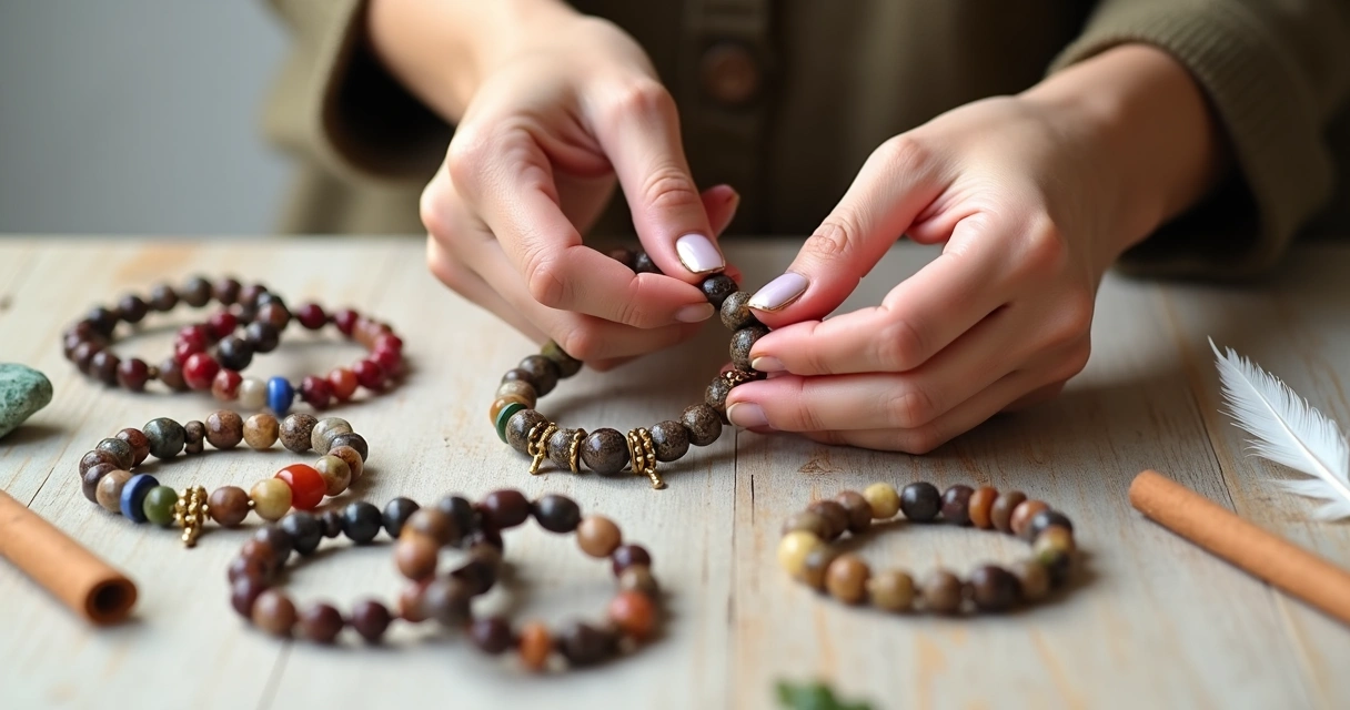 Pulseiras coloridas feitas com pedras naturais