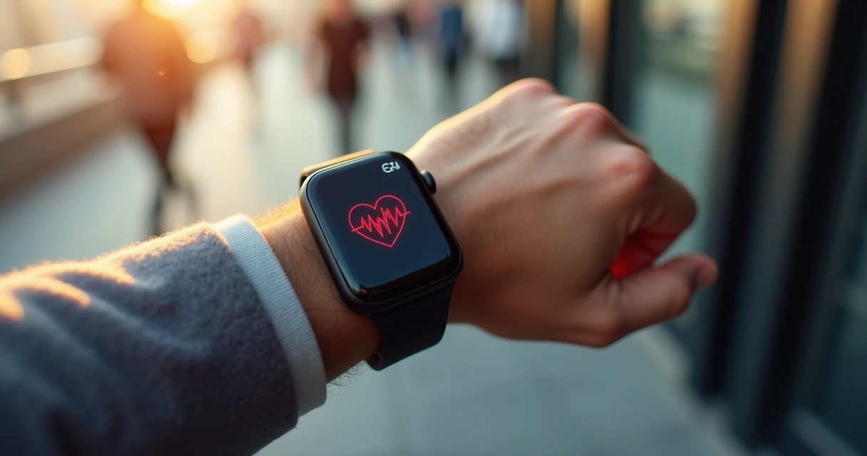 Relógio inteligente no pulso exibindo batimentos cardíacos 
