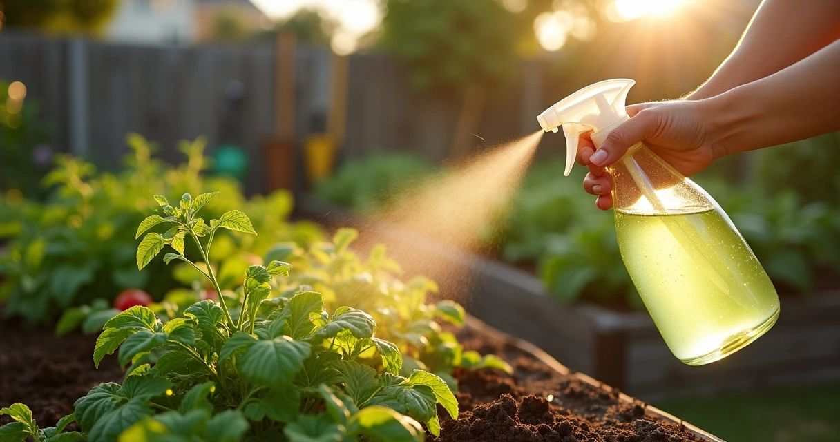 Pessoa aplicando pulverização foliar em horta orgânica com moringa 