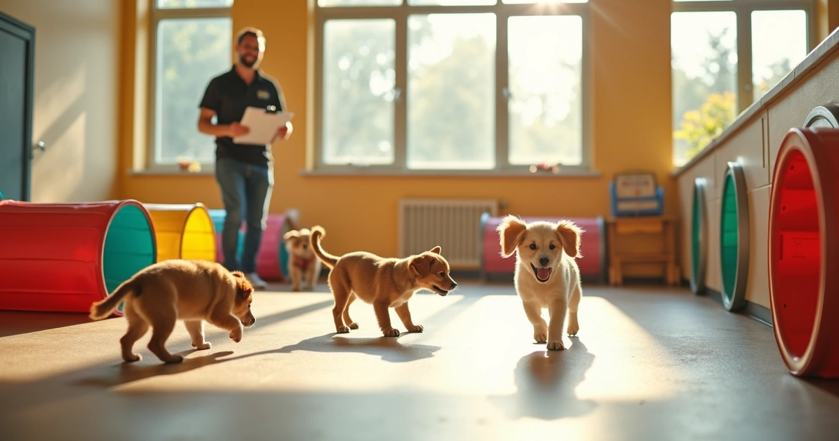 Young pup playing in a supervised indoor daycare group 