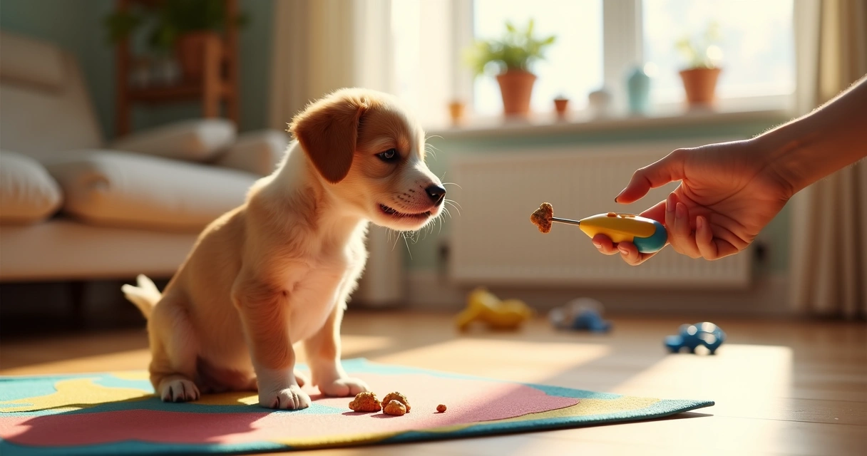 Puppy learning with clicker on colorful mat.