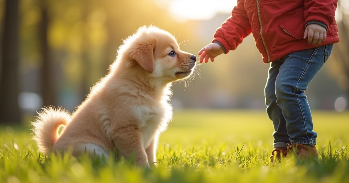 Puppy sniffing a smiling child in a sunlit park 