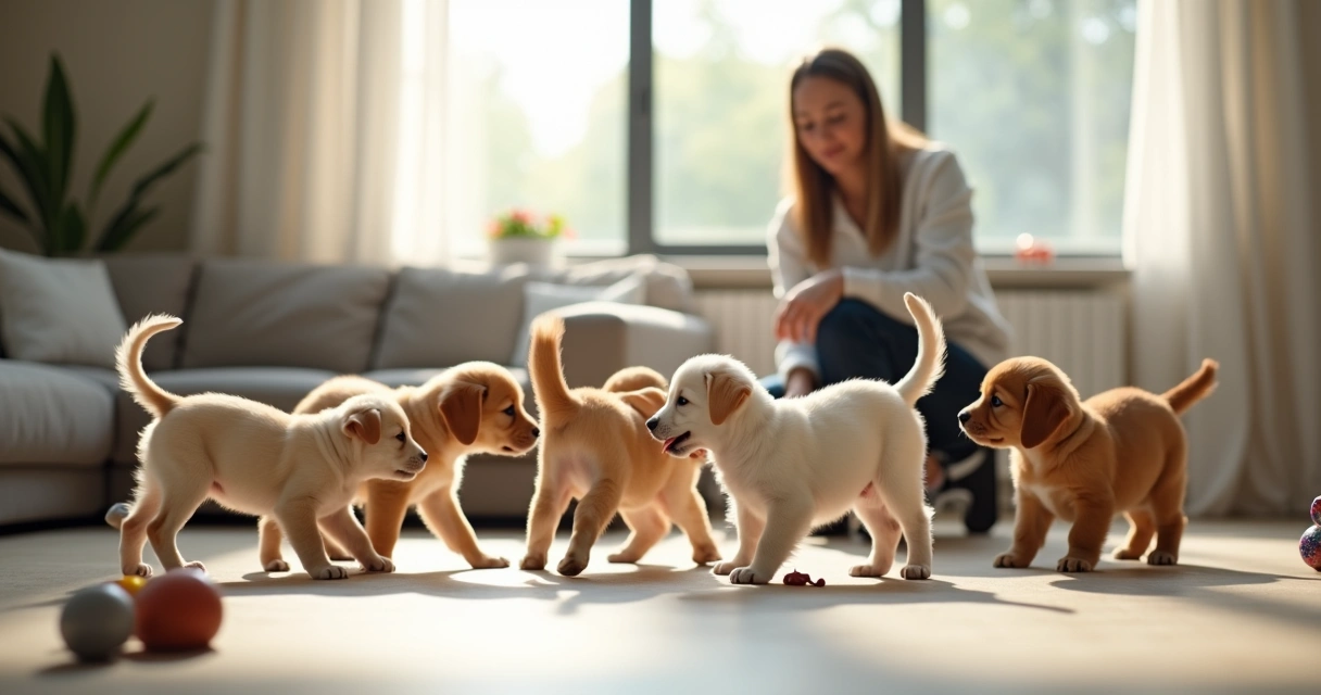 Group of puppies playing under supervision indoors 