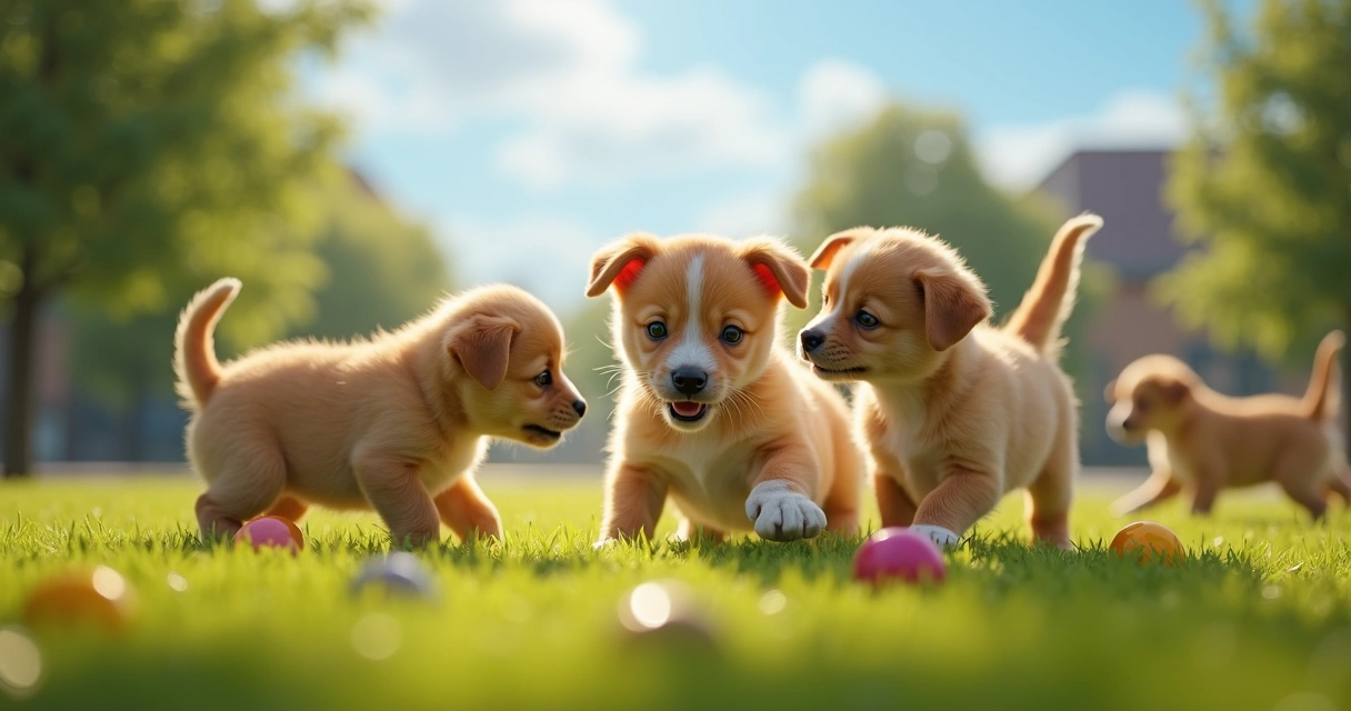Small puppy playing with other dogs in a sunny park with green grass and trees 