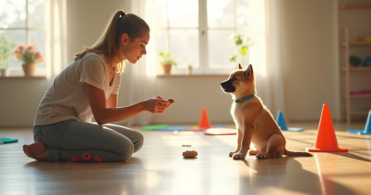 Young puppy sitting attentively during a training session with a trainer in a bright indoor space 