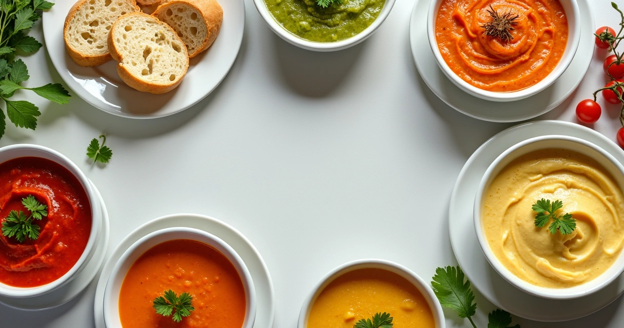 Purês coloridos e sopas para idosos, em tigelas sobre a mesa 