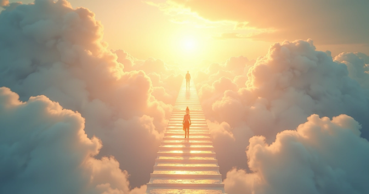 Escada luminosa subindo entre nuvens, figuras humanas em direção à luz 