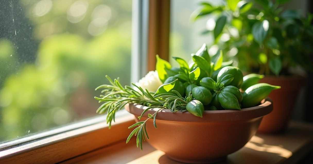 Ervas frescas sendo purificadas ao sol matinal 