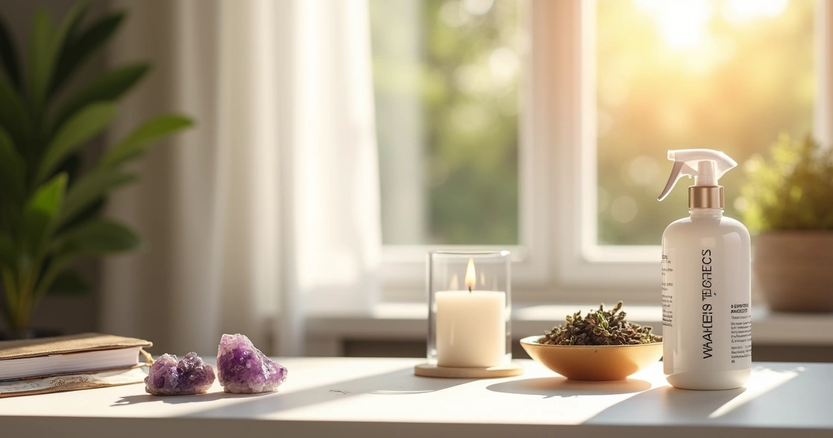 Raios de luz clareando um escritório organizado com objetos místicos e cristais sobre a mesa 