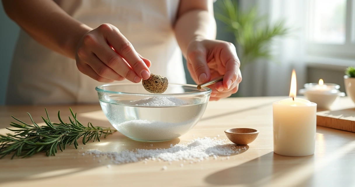 Mãos colocando objeto em uma tigela de água e sal sobre uma mesa de madeira clara 