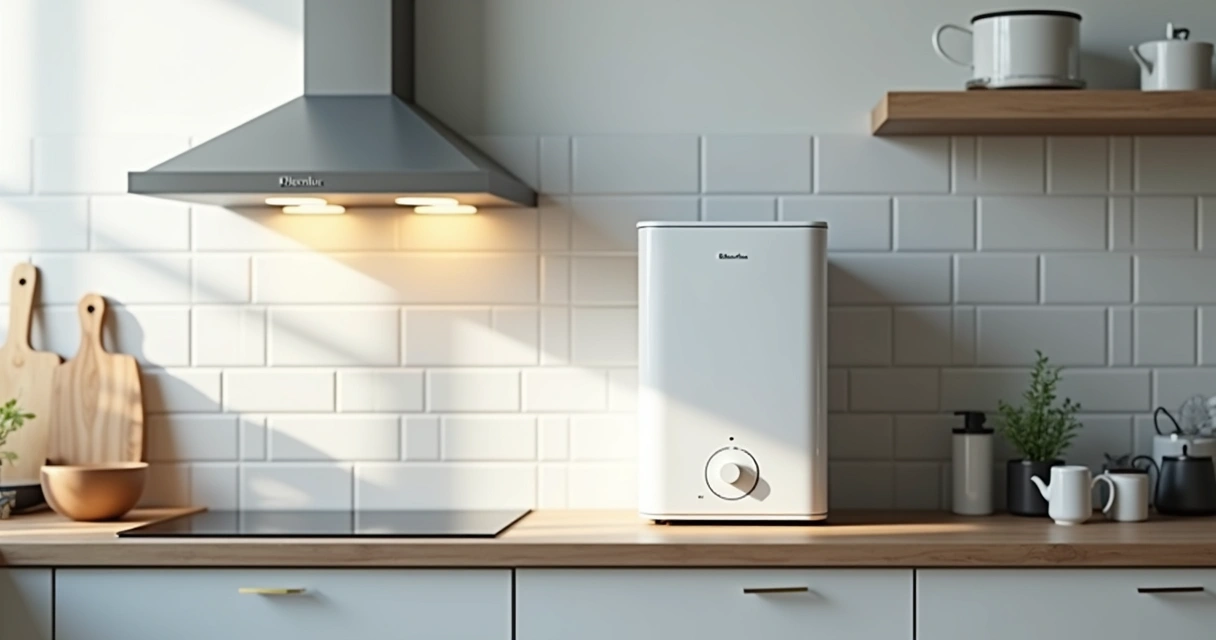 Purificador de água em cima da pia, encostado na parede 