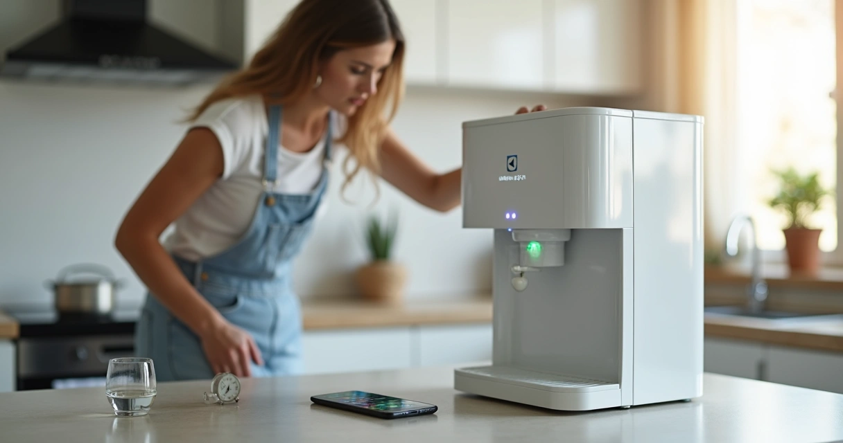 Purificador de água Electrolux em bancada com moradora analisando ruído 