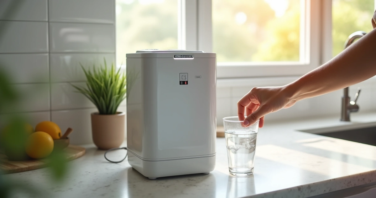 Pessoa verificando purificador de água Electrolux sobre bancada com copo de água ao lado 