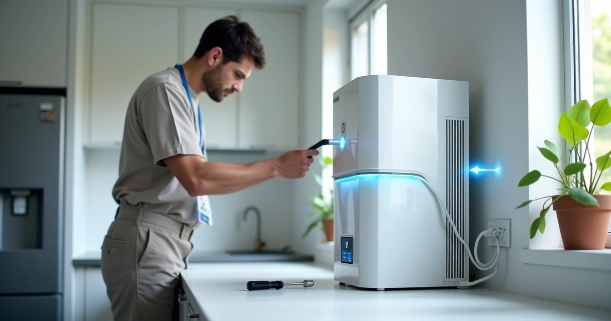 Técnico examinando purificador de água Electrolux em cozinha moderna 