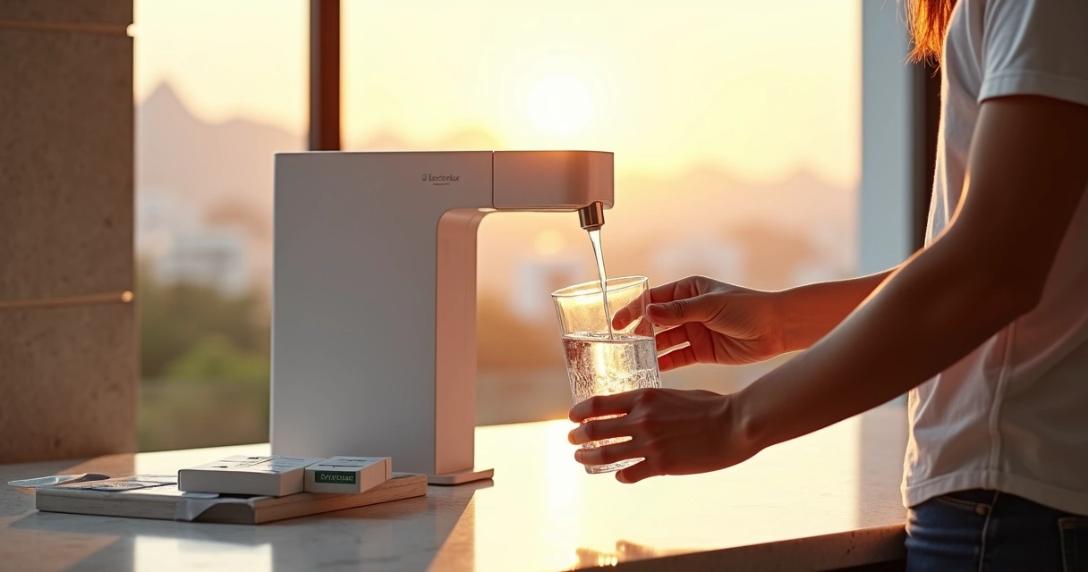 Purificador Electrolux enchendo copo de água em cozinha com vista para Rio de Janeiro 