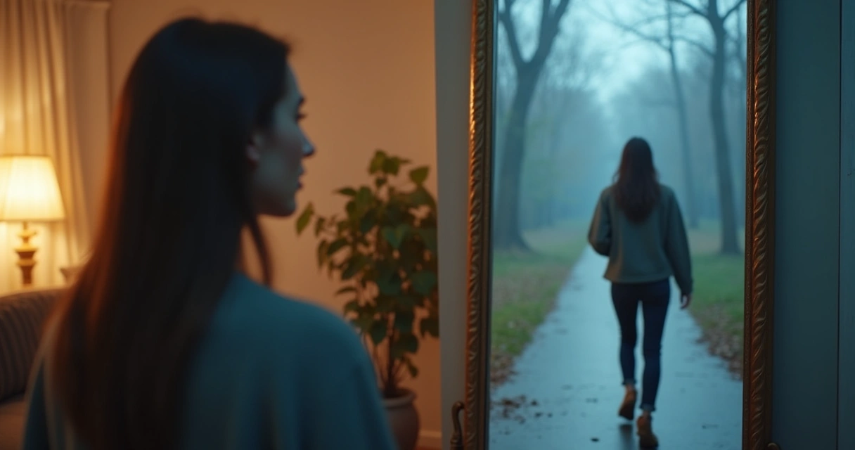 Person looking at a mirror where their reflection is moving in a different direction 