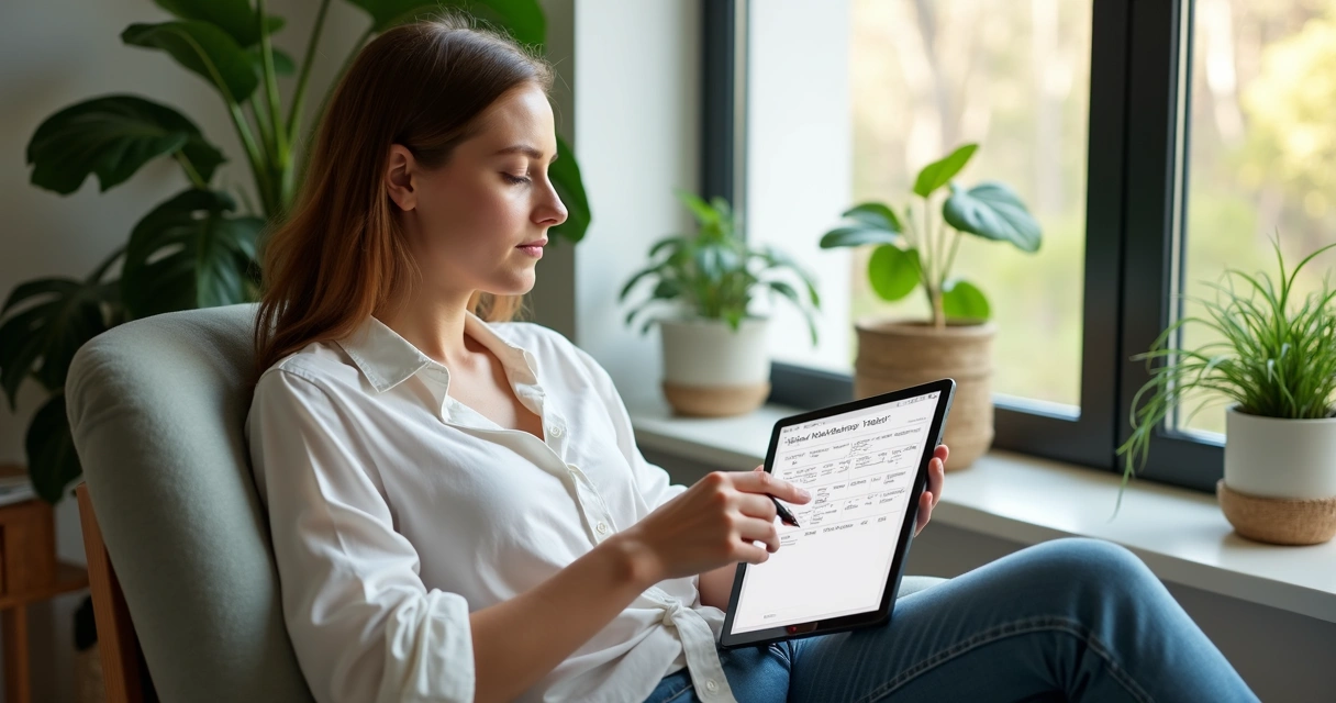 Woman editing weekly habit list on digital tablet at home
