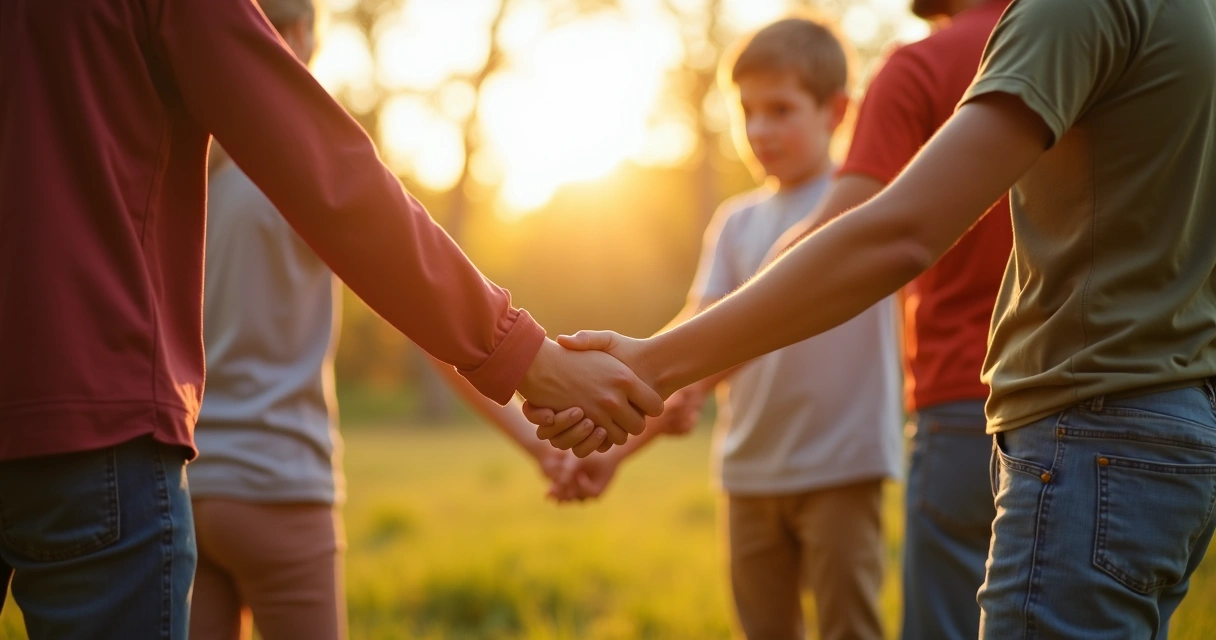 People gathered, holding hands in a circle, different ages and backgrounds, sunrise light