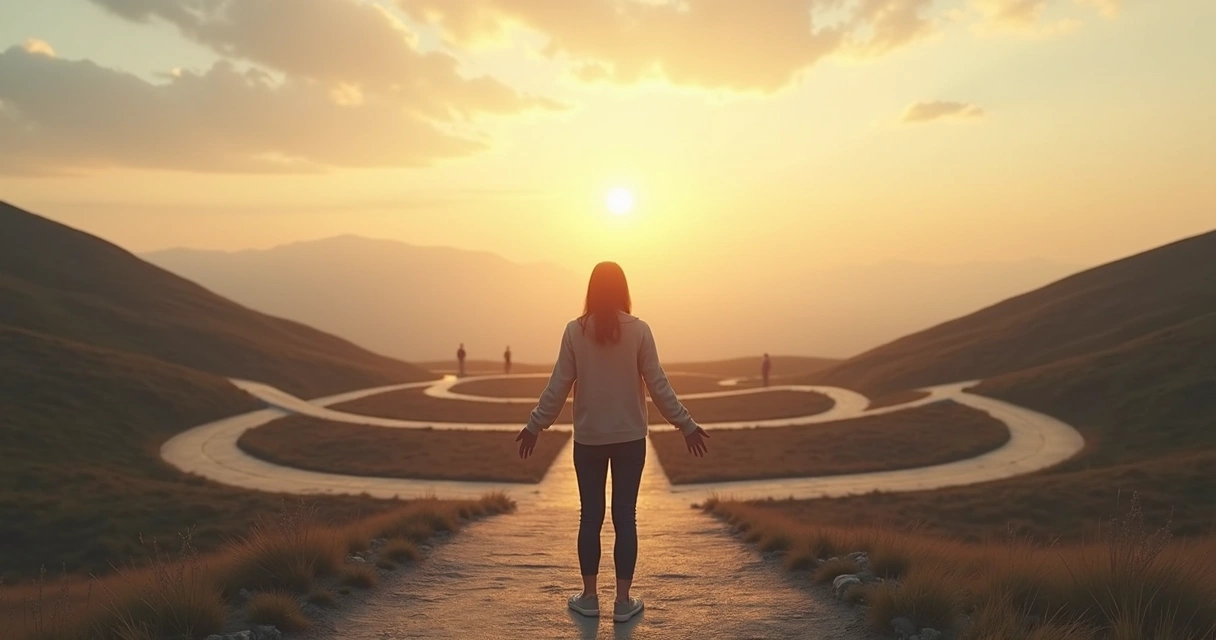 Person at a crossroads with overlapping paths and translucent duplicate figures 