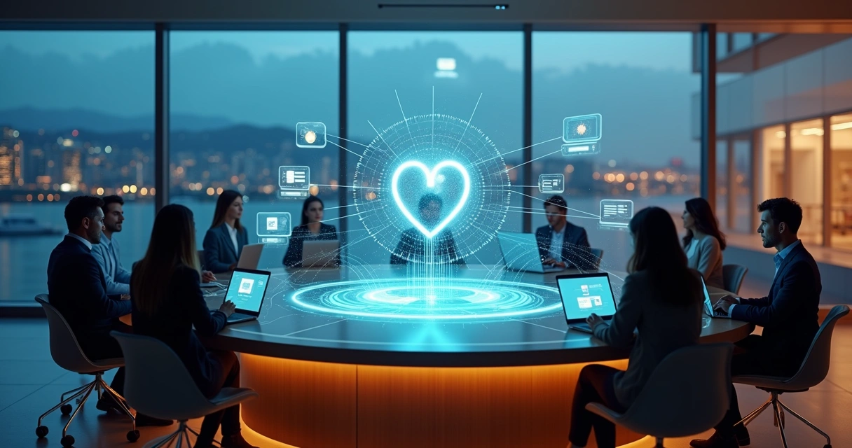 Digital collaboration hub with glowing central purpose symbol linking diverse workers 