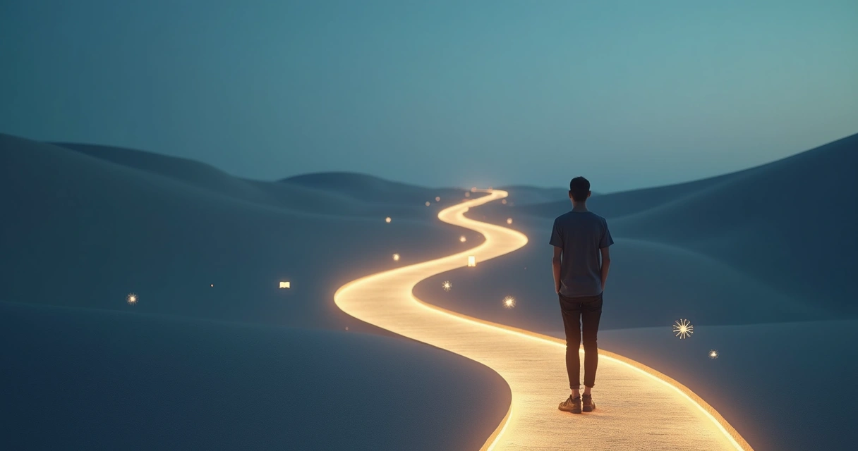 Person walking on illuminated path with branching choices 