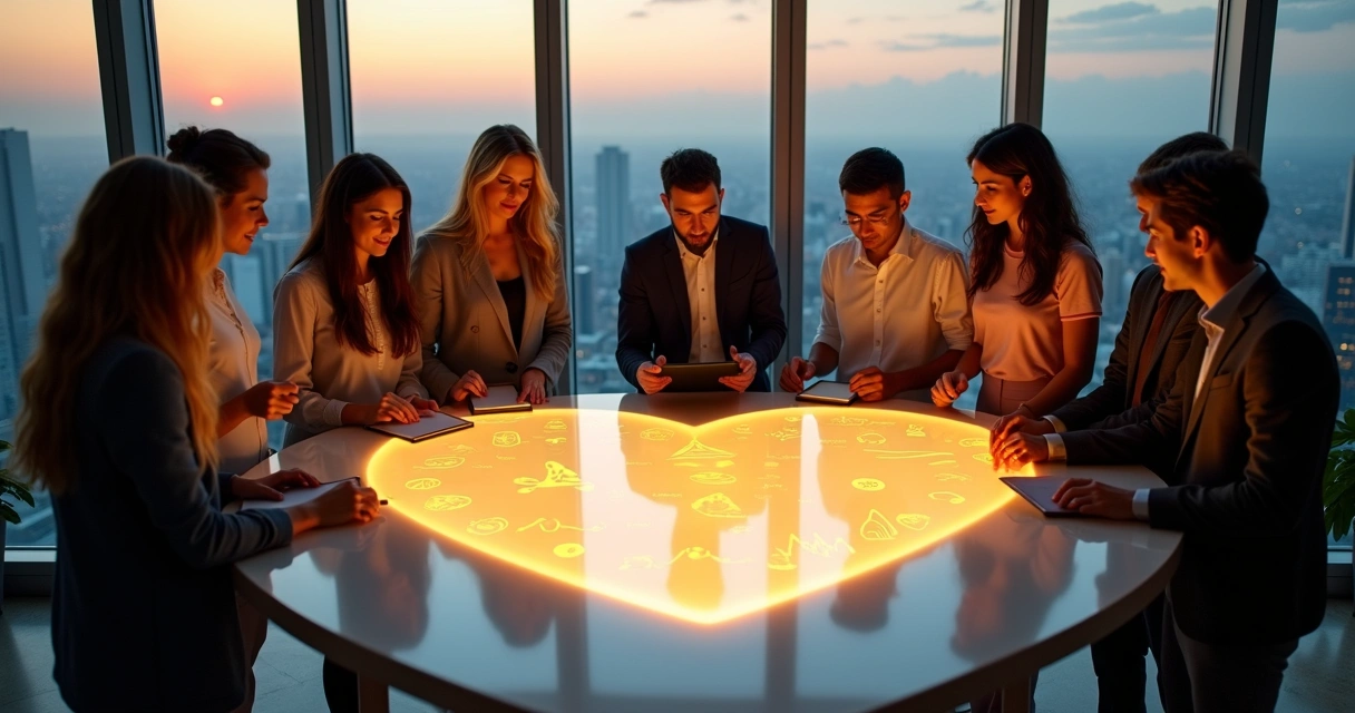 Diverse team standing around a glowing heart-shaped light table in a modern office 