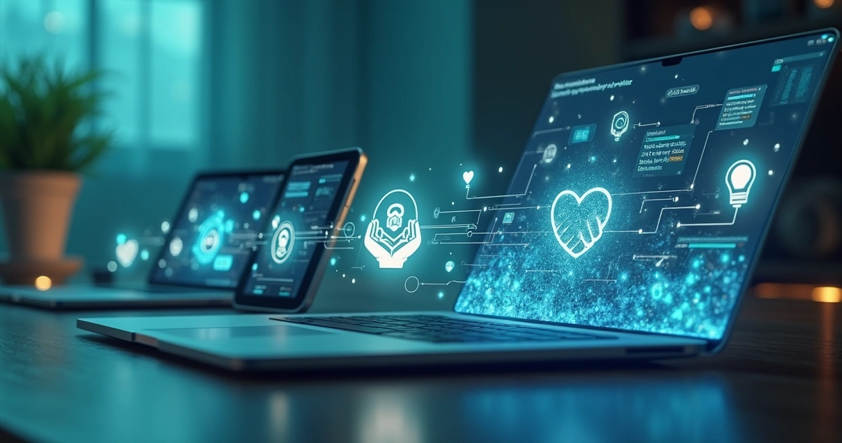 A visual flow of digital tasks with human-centered icons and values