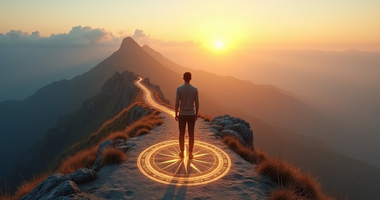 Person on mountain path aligning goals with a glowing compass and distant horizon 