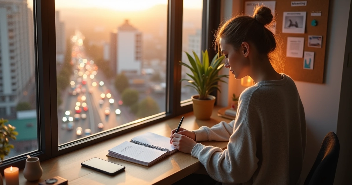 Person planning purpose-driven habits in a calm corner of a busy city apartment 