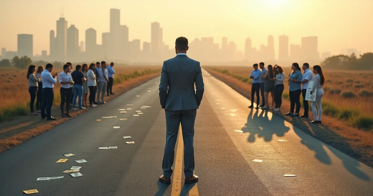 Leader standing at a fork in the road with teams on both sides 