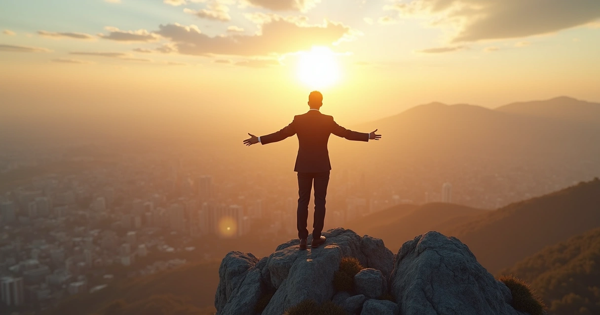 Leader standing on mountain peak overlooking sunrise-lit city 