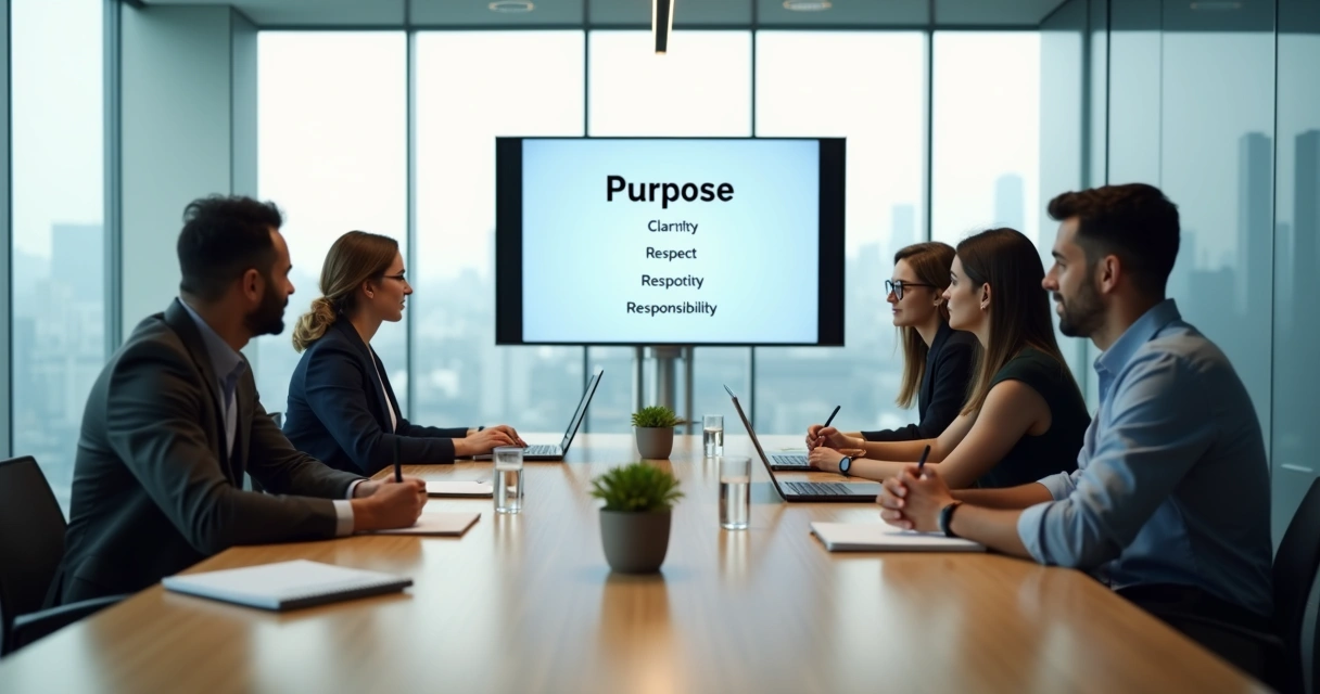 Team in a focused meeting around a table with shared values highlighted on a screen 
