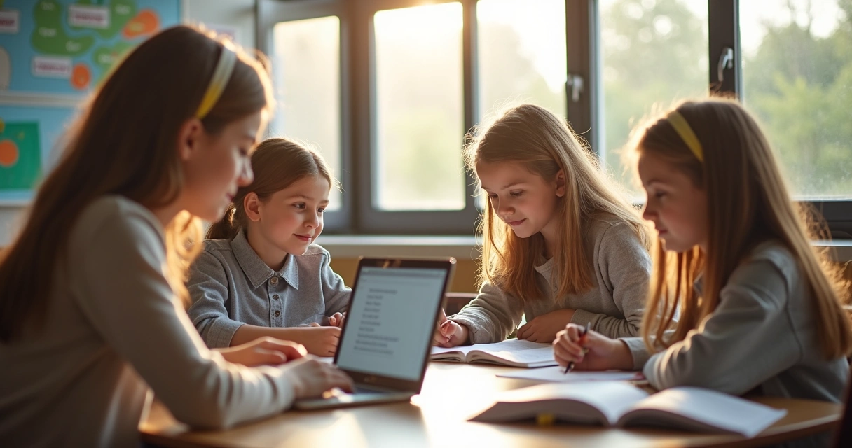 Students collaborating at a table with books and laptops in a bright classroom