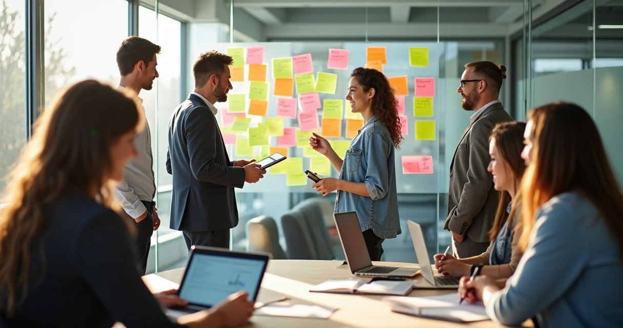 Purpose-driven team brainstorming with sticky notes on glass wall 