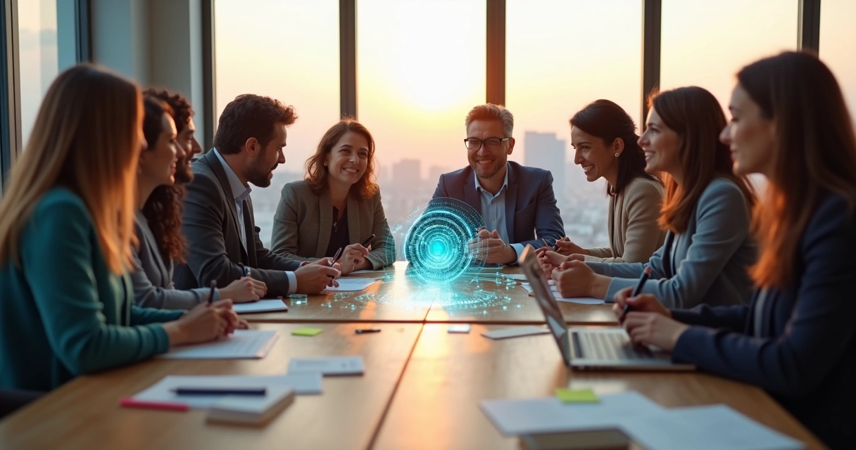 Diverse team collaborating around a glowing central purpose icon 