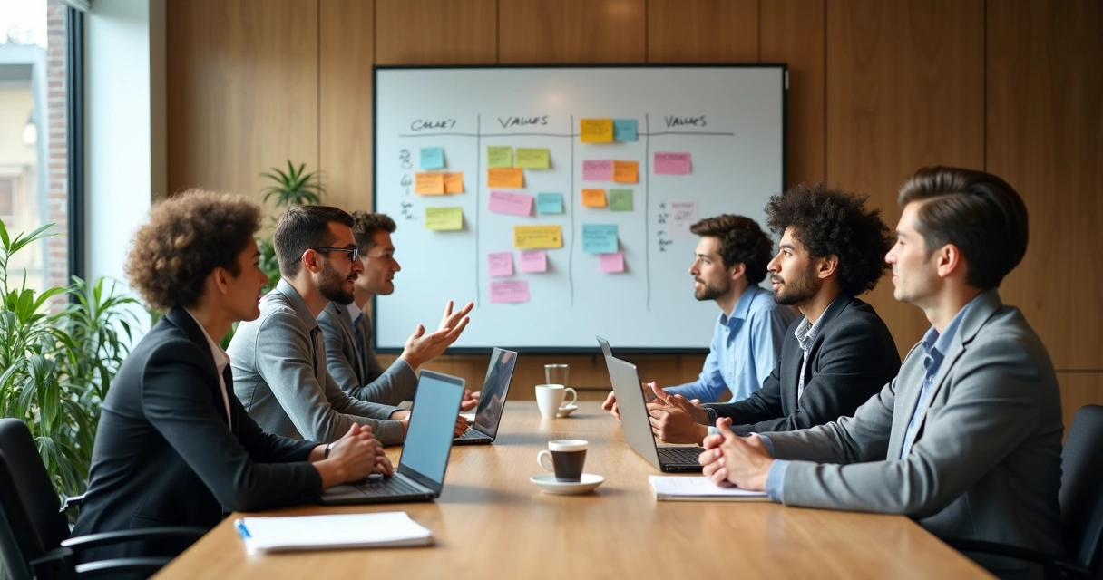 Diverse team gathered around a table in a bright meeting room